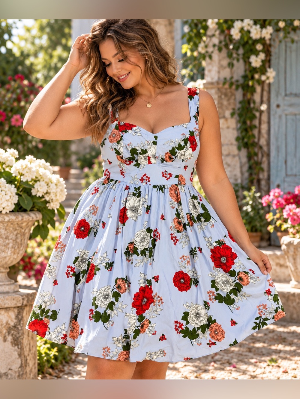 torrid Light Blue Floral Sweetheart Mini Dress with Red & White Blooms